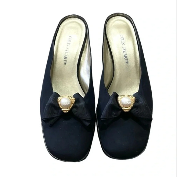 Colin Stuart slides Mules with removable bow/charm Black Square toe Size 6.5 - Picture 2 of 12